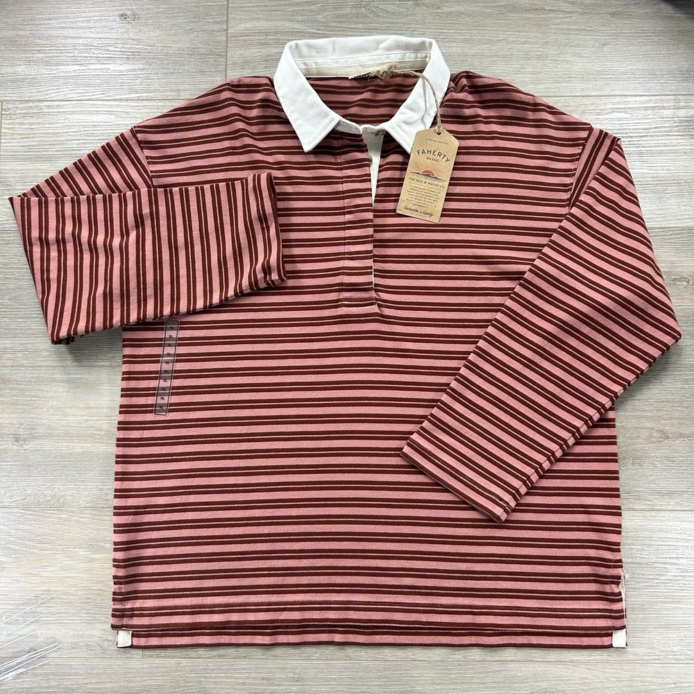 NWT Faherty XL Hometown Rugby‎ Shirt Womens Dusty Rose Striped Relaxed Fit